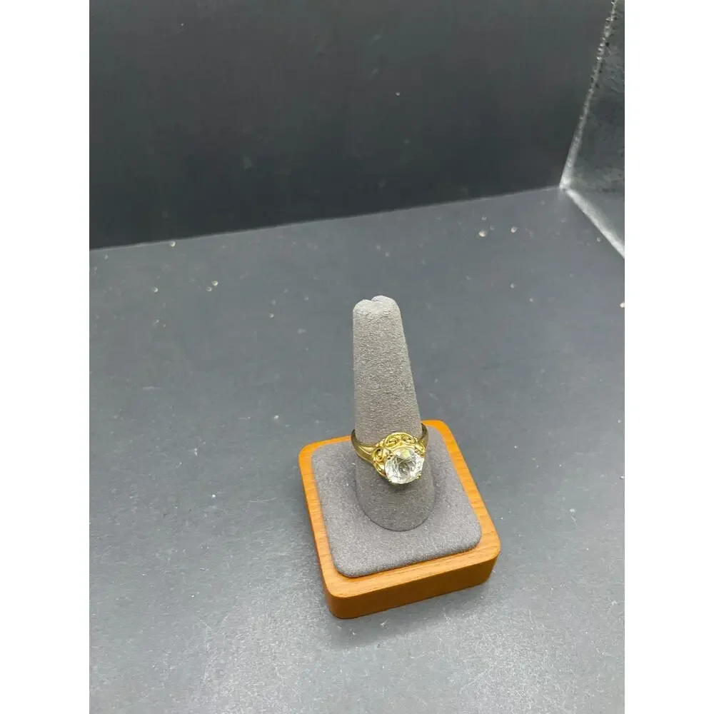 Vintage 925 Sterling Silver Gold Vermeil Clear CZ Solitaire Ring Size 9.75